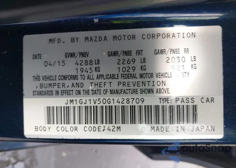 2016 Mazda Mazda6 I Touring from USA, damaged, VIN JM1GJ1V50G1428709